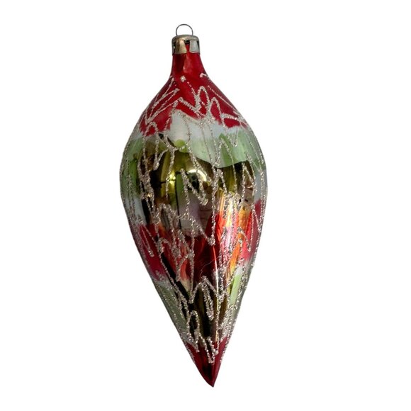 Vintage Teardrop Christmas Ornament 6" Blown Glass Red/Green/Silver Glitter - Picture 6 of 6